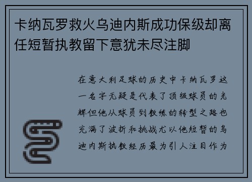卡纳瓦罗救火乌迪内斯成功保级却离任短暂执教留下意犹未尽注脚
